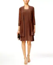 $140 R&M Richards Women's Brown Metallic Open Front 3/4 Sleeve Cardigan Size PL