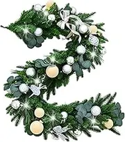 6ft Pre-Lit Christmas Garland - Ligthed Christmas Garland Deco | Artificial with LED Lights and Ornaments | Indoor Outdoor Reusable with Balls for Front Door, Staircase