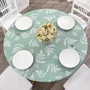 Walrus Round Vinyl Fitted Tablecloth with Flannel Backing Elastic Edge Design Table Cover Waterproof Oil-Proof PVC Table Cloth Stain-Resistant Wipeable for Round Table Mint Leaf