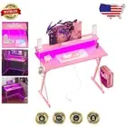 Rectangular Pink Computer Desk with Adjustable Feet, Power Outlets & LED Lights