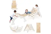 Costway Climb Playset Wood Climbing Frame Triangle Rocking Arch Slide Set w/Climb Board Home Daycare Gifts White