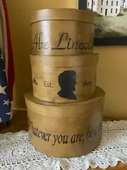 NEW!! Primitive Country Handcrafted ABE LINCOLN Set Of 3 Nesting Stacking Boxes