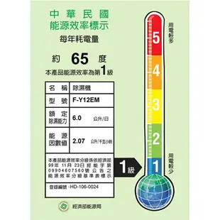 Panasonic國際牌【F-Y12EM】6公升 清淨除濕機 一級效能 原廠3年保固