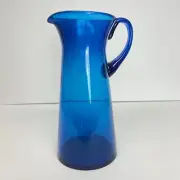Mid Century Art Glass Blue Pitcher Air Bubble Glass 10” Tall