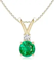 [Angara] Natural Round Emerald Solitaire V-Bale Pendant Necklace with Diamond in Sterling Silver/10ct/14ct Solid Gold for Women | May Birthstone Jewellery for Her