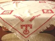 Vintage hand embroidered tablecloth, white, red 78 x 68 cm