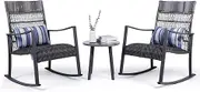 Backyard Expressions 3-Piece Wicker Patio Rocking Chair Set – Outdoor Rocker Chairs with Cushions and Faux Stone Table, All-Weather PE Rattan Porch Furniture for Deck, Balcony, or Garden