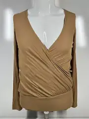 NWT BCBG Maxazria Light Tan Long Sleeve Plunging Neckline Blouse Womens XS