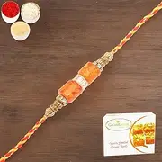 Ghasitaram Gifts Rakhi for Brother Rakhis Online - RM598 - Orange Stone Bracelet Rakhi with 400 GMS of Besan Barfi