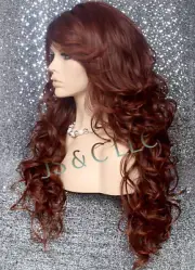 Long Wavy Human hair blend Full Wig Heat OK Layers Bangs Auburn Mix 33-130 WBT