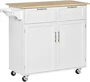 HOMCOM 41" Modern Rolling Kitchen Island on Wheels, Utility Cart Storage Trolley with Rubberwood Top & Drawers, White