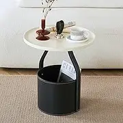 Aocloud Modern Side Table, Round End Table with Storage, Black Coffee Table, Wood Nightstand with Black Leather Handle, Sofa Side Table with Leather Basket for Living Room, Bedroom, Lounge (Black)