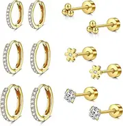 [LAURITAMI] 6Pairs Stud Earrings Gold for Women Stainless Steel Diamond Hoops Earrings Flat Back Studs Set 20G Cartilage Huggie Hoop Tragus Piercing Jewellery