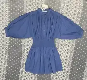 $295 REBECCA TAYLOR Long Sleeve Smocked Cotton Shirt Dress S Blue BPW
