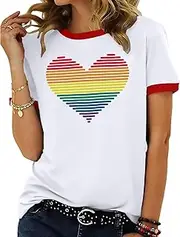 [VVNTY] Gay Pride Shirts Women Rainbow Graphic Tee LGBT Equality T Shirt Casual Red Ringer Tee