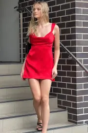 Red Mini Dress Cowl Neck Satin - Size 16XL, Women's Skater Dress
