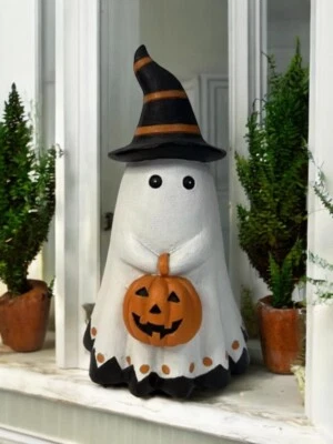 Halloween Cute Ghost With Witch Hat & Pumpkin 8” Tall NEW