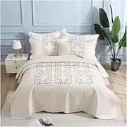 Quilt Set King Size Beige 90x102 inch Classic Embroidered Floral Pattern Cotton Ultra Soft Lightweight Quilted Bedspread for All Season, 3 Pieces