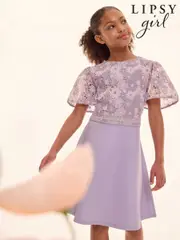 Lipsy Lilac Purple 2-in-1 Flutter Sleeve Lace Occasion Dress (5-16yrs) (AK1408) | $115 - $134