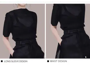 兩件式禮服洋裝套裝黑色顯瘦性感透視上衣+高腰插袋a字裙短褲裙 OL套裝