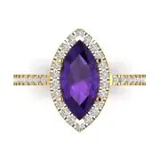 2.38ct Marquise Halo Real Amethyst Promise Bridal Wedding Ring 14k Yellow Gold