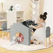 HONEY JOY Kids Table and Chairs Set, 3 Pieces Wooden Table Set for Toddler w/Blackboard, Children Activity Table & 2 Chairs for Arts, Crafts, Reading, Drawing, House-Shaped Table Furniture Set (Grey)