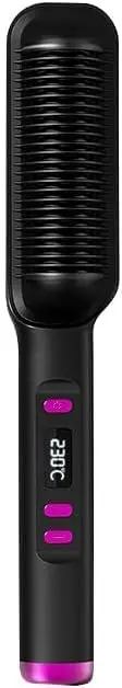 Ion Hair Straightener Styling Comb, 2 in 1 Hair Straightener Brush and Curler, Portable Electric Straightening Comb Heated Hair Brush (Black)