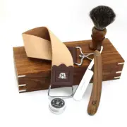 Vintage Wet Shaving Kit Straight Razor Badger Brush Strop & Wooden Box For Gift