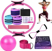 Pilates Ring Set,10 Pieces Pilates Kit for Women,Home Workout Kit,Yoga Ring,Pilates Ring and Ball,Stretching Belt Resistance Band,Yoga Mats,for Strength, Flexibility