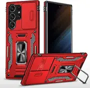 Slide Camera Case for Samsung Galaxy S23 Ultra,Kickstand with Built-in 360° Rotate Magnetic Ring Stand Shockproof Protective Armor Cover,Red