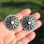 Native American Sterling Silver Pink Conch Shell Large Flower Concho Earrings