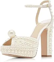 Goolita Womens Open Toe Pearl Platform Heels for Women Chunky Buckle Ankle Strap Wedding Heeled Sandals Dress Evening Bride Bridal Shoes