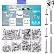 Zmbroll 210Pcs Wood Screws #4 304 Stainless Steel M3 Phillips Flat Countersunk Head Self Tapping Screw Phillips Drive Wood Fastener Small Screws Sheet Metal Screw Assortment