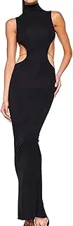 [HJKOUYT] Women's Sexy Backless Hollow Maxi Dress Bodycon Turtle Neck Sleeveless Cocktail Parties Long Dress, Black, Large