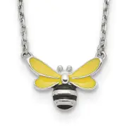 Sterling Silver Polished Yellow & Black Enameled Bumblebee With 2 Inch Extension Children'S Necklace