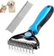 Blue 2-in-1 Pet Deshedding Comb – Double Sided Dematting Tool for Long Haired Cats & Dogs, Undercoat Rake & Detangler Brush, Matted Fur Remover for Spring Shedding