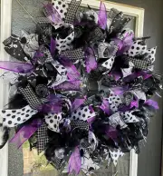 Gorgeous Purple Black White Feather Halloween Front Door Wreath Fall Decoration
