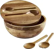 ECWAY Acacia Wooden Salad Bowl With Lid and Utensils, Large Serving Wood Bowl Set for Fruits, Salads and Vegetables,Wooden Mixing Bowl, Acacia Lid, Acacia Wooden Spoon and Tongs, 4 - Piece