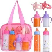 Beem Jun Baby Doll Bottles Accessories Set for Toddlers, 2 Milk Bottles 2 Juice Bottles and 2 Toy Pacifier, Doll Playset Accessories Handbag for Toddlers ﻿