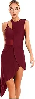 [Vxuxlje] Women's Jazz Latin Dance Dress Sleeveless Asymmetrical Hem Dress Samba Cha-cha Dancewear