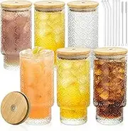 12oz Embossed Glass Cups with Lids and Straws Pack of 6, Vintage Glassware for Whiskey Cocktail Beer, Iced Coffee Cups with Lid, Glass Tumbler with Straw and Lid(6 Pack)