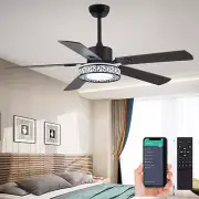 52" Outdoor Ceiling Fan with Lights Remote Control,Dimmable Black Wooden Ceiling