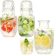 6 Pack Bedside Water Carafe and Glass Set 20 OZ Vintage Glass Water Pitcher with 5 OZ Cup Set Clear Glass Water Pitcher for Bedroom,Bar,Bathroom,Hotel,Restaurant,Juice,Mouthwash Container,Style-1
