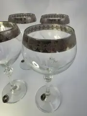 Cristalleria Fumo Set Of 4 Wine Glasses Decorative Silver Rim Hand Made Italy