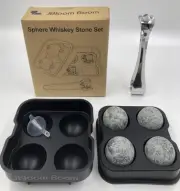Whiskey Stones Set Include 4 Large Sphere Granite Whiskey Rocks + Silicone Ic...