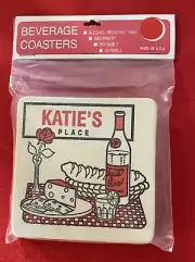 Vintage Beverage Coasters ~ Barware 6 Reuseable ~Red & White “Katie’s”