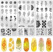3Pcs Nail Stamping Plate Set Sunflower Nail Stamping Templates French Line Tip Nail Plates Floral Leaves Stainless Steel DIY Reusable Tools with Stamper Scraper for Manicure Printing