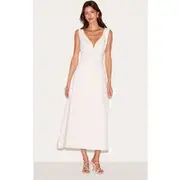 Cream Tailored Woven Plunge Button Down Midi Dress, Cream