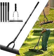 Tryitsbest Metal Thatch Rake, Heavy Duty 15" Landscape Dethatcher Garden Rake with Adjustable Stainless Steel Handle, Lawn Thatching Rakes for Leaves, Dead Grass, Loosening Soil