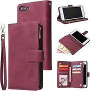 UEEBAI Wallet Case for iPhone 7 Plus iPhone 8 Plus,Premium Vintage PU Leather Magnetic Closure Handbag Zipper Pocket Case Kickstand Card Holder Slots with Wrist Strap Shockproof Flip Case-Wine Red